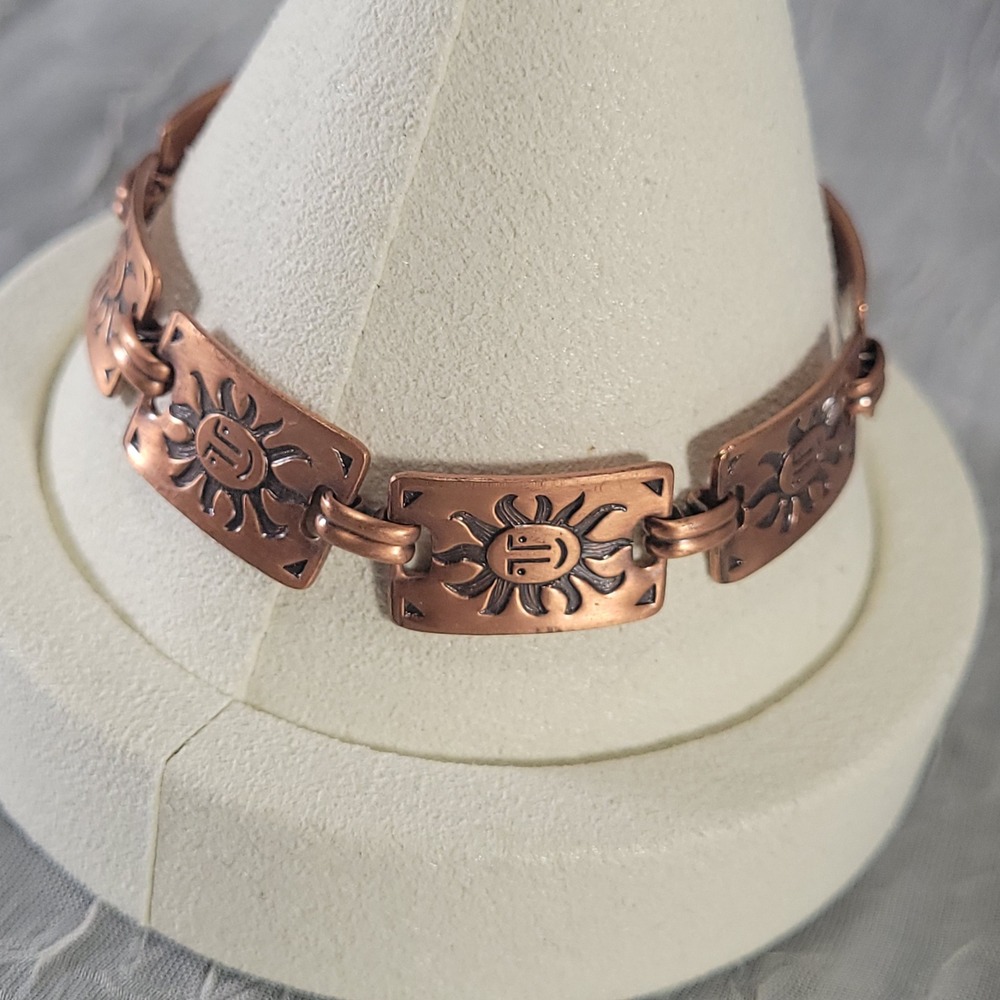 Bell Trading Solid Copper Bracelet Womens 7" Orange Sun Face Panel Vintage